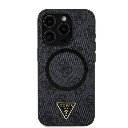 iPhone 15 Pro Kılıf Guess Orijinal Lisanslı M-safe Şarj Özellikli PU Üçgen Logo 4G Desenli Kılıf