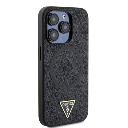 iPhone 15 Pro Kılıf Guess Orijinal Lisanslı M-safe Şarj Özellikli PU Üçgen Logo 4G Desenli Kılıf