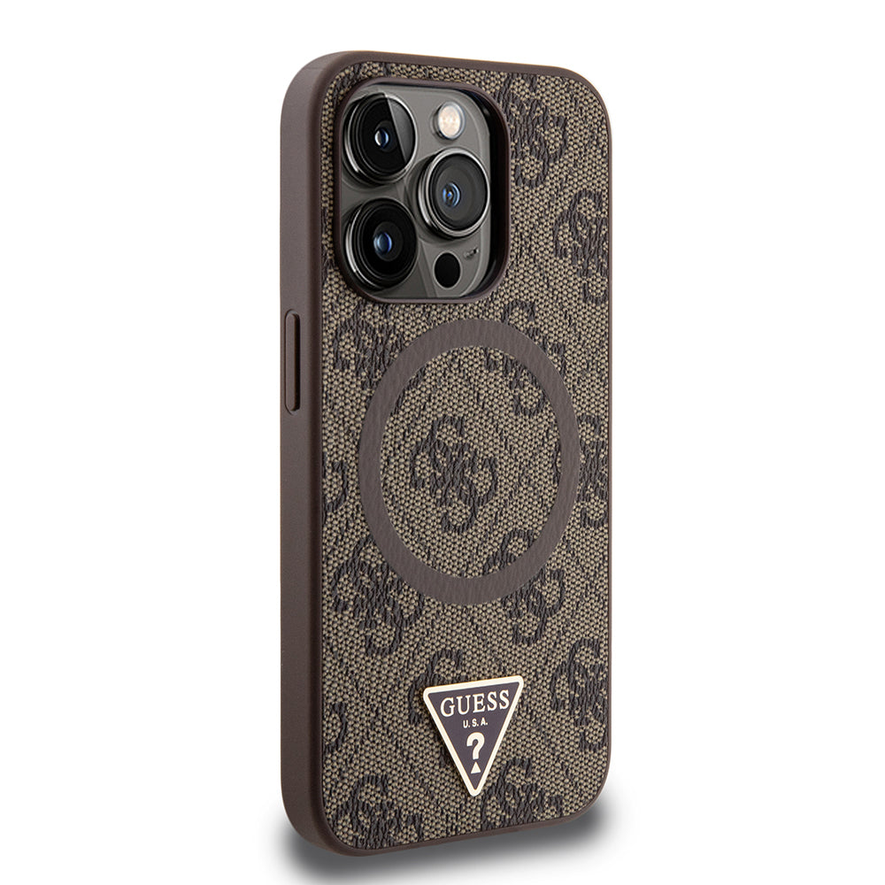 iPhone 15 Pro Kılıf Guess Orijinal Lisanslı M-safe Şarj Özellikli PU Üçgen Logo 4G Desenli Kılıf