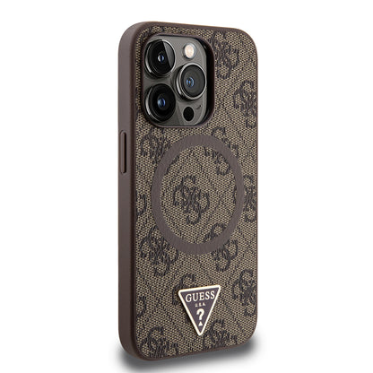 iPhone 15 Pro Kılıf Guess Orijinal Lisanslı M-safe Şarj Özellikli PU Üçgen Logo 4G Desenli Kılıf