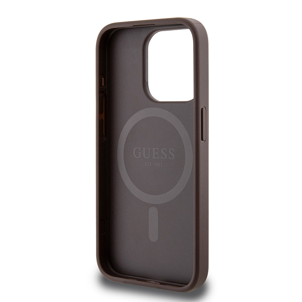 iPhone 15 Pro Kılıf Guess Orijinal Lisanslı M-safe Şarj Özellikli PU Üçgen Logo 4G Desenli Kılıf