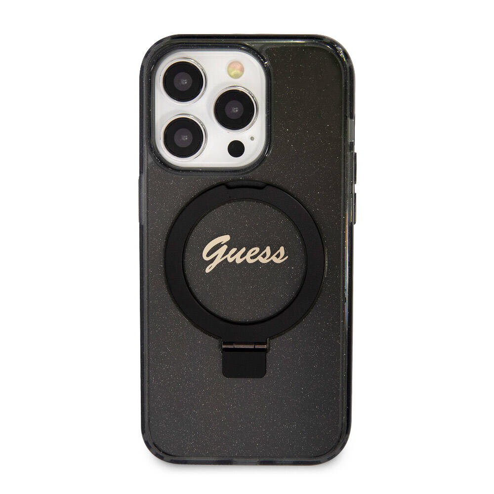 iPhone 15 Pro Kılıf Guess Orijinal Lisanslı M-safe Şarj Özellikli Simli Arka Yüzey Ring Standlı Kılıf