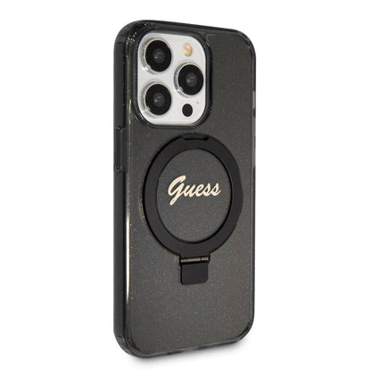 iPhone 15 Pro Kılıf Guess Orijinal Lisanslı M-safe Şarj Özellikli Simli Arka Yüzey Ring Standlı Kılıf