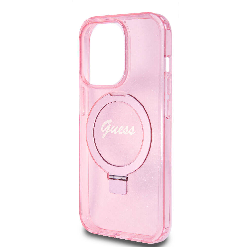 iPhone 15 Pro Kılıf Guess Orijinal Lisanslı M-safe Şarj Özellikli Simli Arka Yüzey Ring Standlı Kılıf