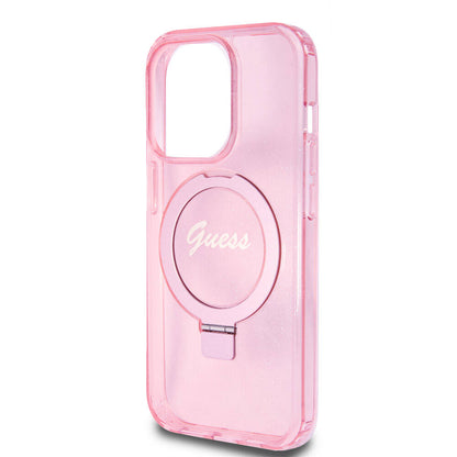 iPhone 15 Pro Kılıf Guess Orijinal Lisanslı M-safe Şarj Özellikli Simli Arka Yüzey Ring Standlı Kılıf