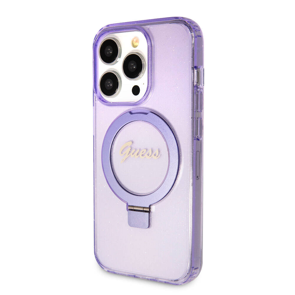 iPhone 15 Pro Kılıf Guess Orijinal Lisanslı M-safe Şarj Özellikli Simli Arka Yüzey Ring Standlı Kılıf