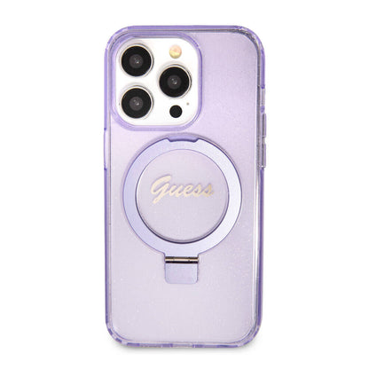 iPhone 15 Pro Kılıf Guess Orijinal Lisanslı M-safe Şarj Özellikli Simli Arka Yüzey Ring Standlı Kılıf
