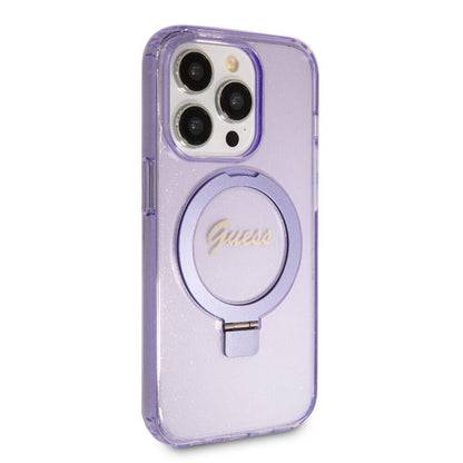iPhone 15 Pro Kılıf Guess Orijinal Lisanslı M-safe Şarj Özellikli Simli Arka Yüzey Ring Standlı Kılıf