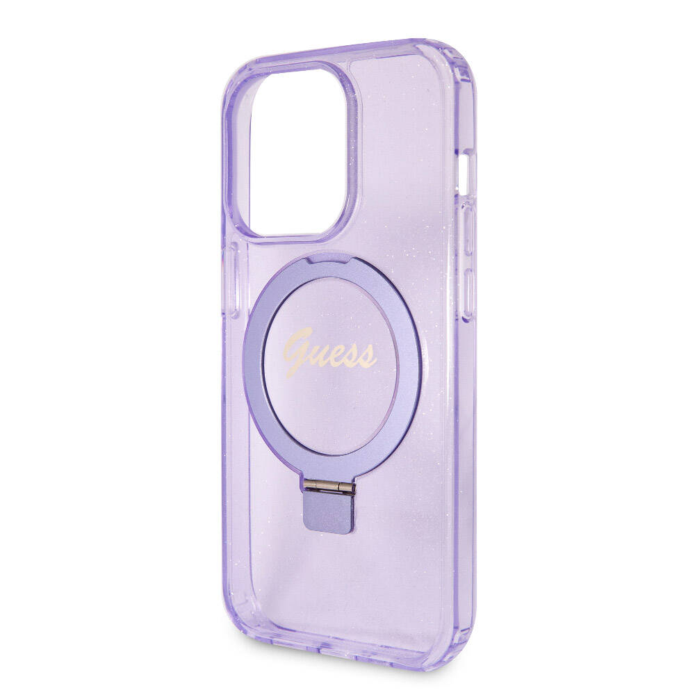 iPhone 15 Pro Kılıf Guess Orijinal Lisanslı M-safe Şarj Özellikli Simli Arka Yüzey Ring Standlı Kılıf