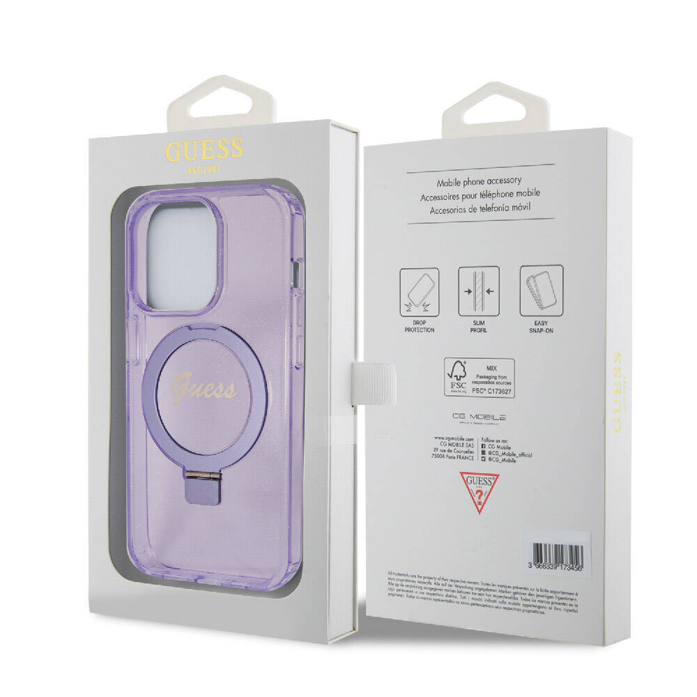 iPhone 15 Pro Kılıf Guess Orijinal Lisanslı M-safe Şarj Özellikli Simli Arka Yüzey Ring Standlı Kılıf