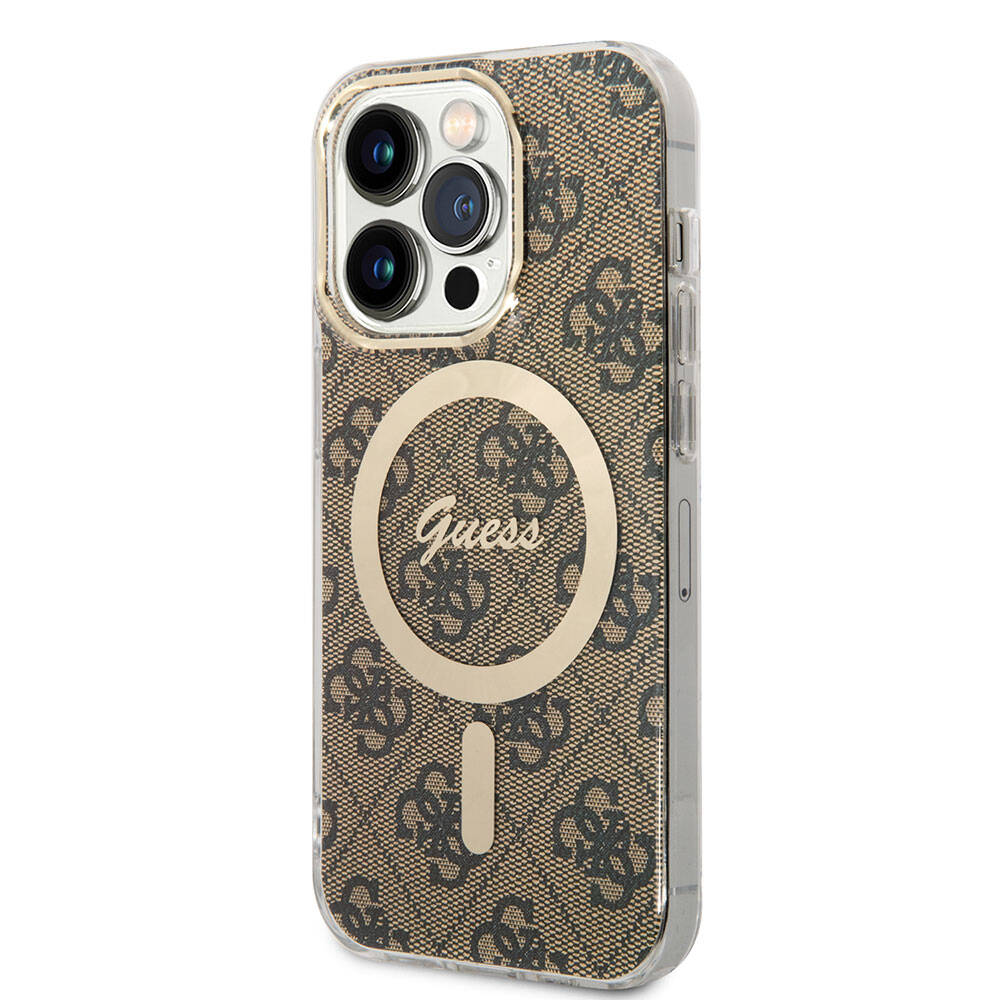 iPhone 15 Pro Kılıf Guess Orijinal Lisanslı M-safe Şarj Özellikli Yazı Logolu 4G Desenli Kılıf