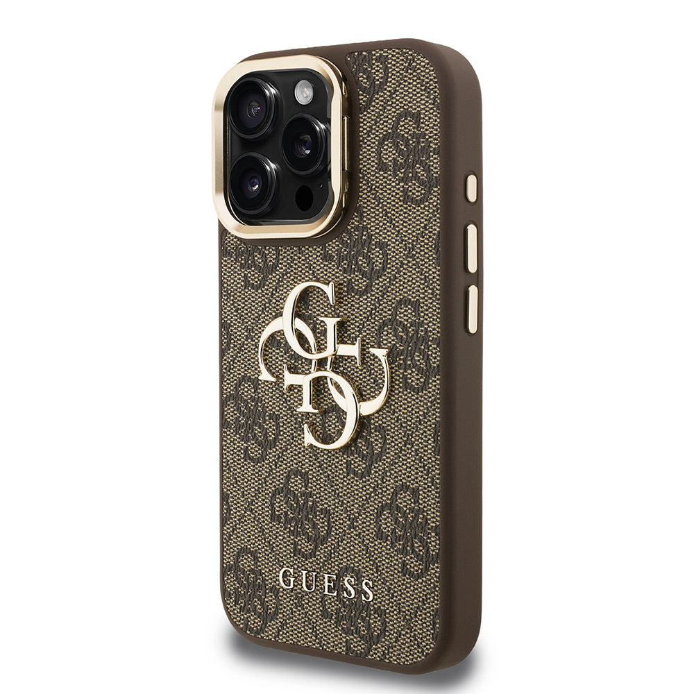 iPhone 15 Pro Kılıf Guess Orijinal Lisanslı PU Deri 4G Desenli Metal Büyük 4G ve Yazı Logolu Kamera Standlı Kılıf