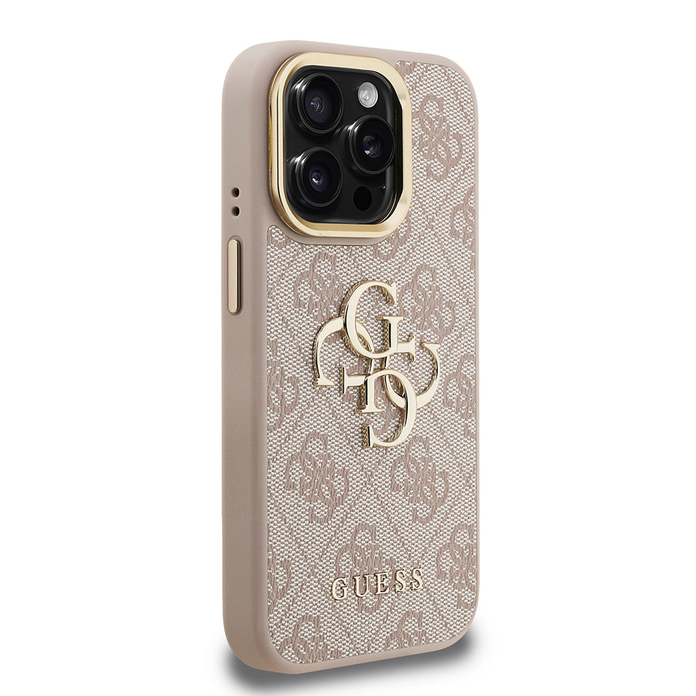 iPhone 15 Pro Kılıf Guess Orijinal Lisanslı PU Deri 4G Desenli Metal Büyük 4G ve Yazı Logolu Kamera Standlı Kılıf