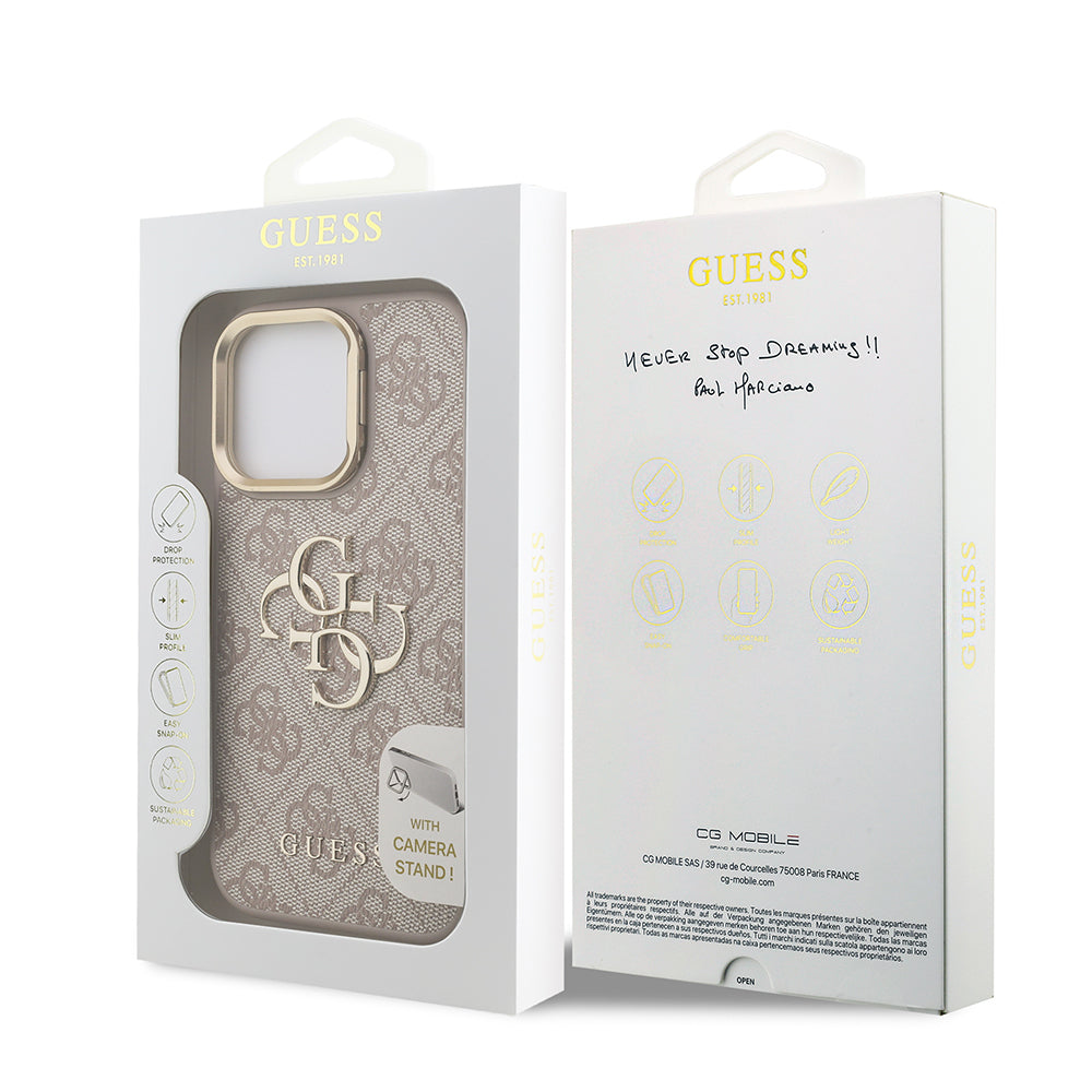 iPhone 15 Pro Kılıf Guess Orijinal Lisanslı PU Deri 4G Desenli Metal Büyük 4G ve Yazı Logolu Kamera Standlı Kılıf
