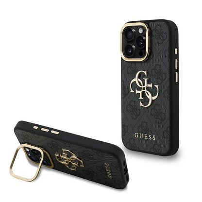 iPhone 15 Pro Kılıf Guess Orijinal Lisanslı PU Deri 4G Desenli Metal Büyük 4G ve Yazı Logolu Kamera Standlı Kılıf