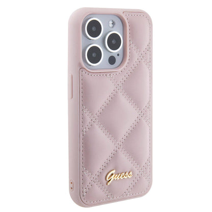 iPhone 15 Pro Kılıf Guess Orijinal Lisanslı PU Deri Metal Yazı Logolu Kapitone Kılıf