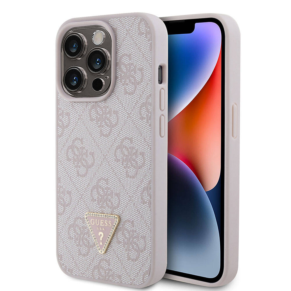 iPhone 15 Pro Kılıf Guess Orijinal Lisanslı PU Deri Taşlı Üçgen Logo 4G Desenli Strass Kılıf