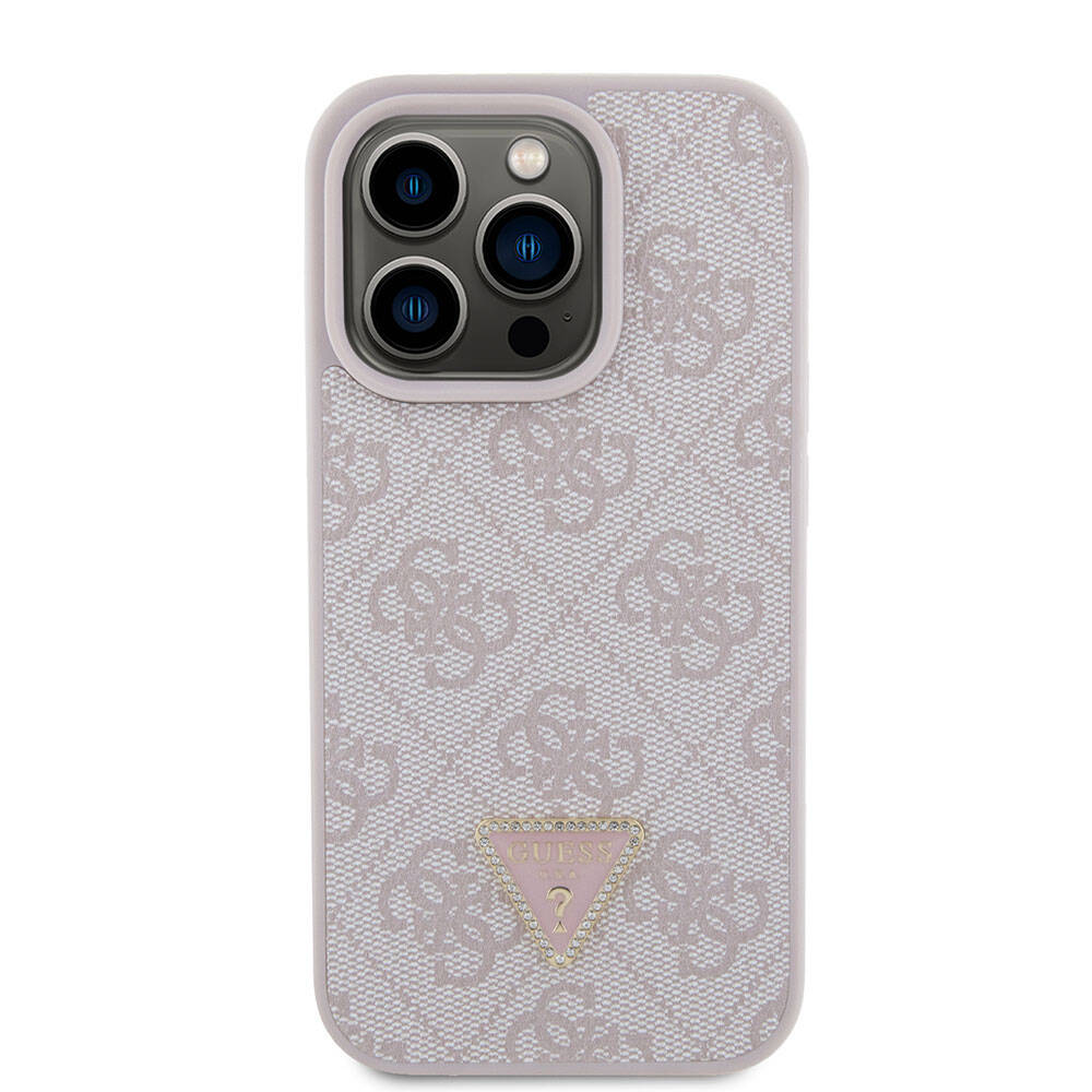 iPhone 15 Pro Kılıf Guess Orijinal Lisanslı PU Deri Taşlı Üçgen Logo 4G Desenli Strass Kılıf