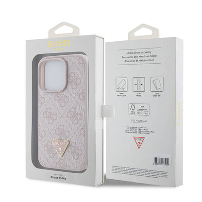 iPhone 15 Pro Kılıf Guess Orijinal Lisanslı PU Deri Taşlı Üçgen Logo 4G Desenli Strass Kılıf