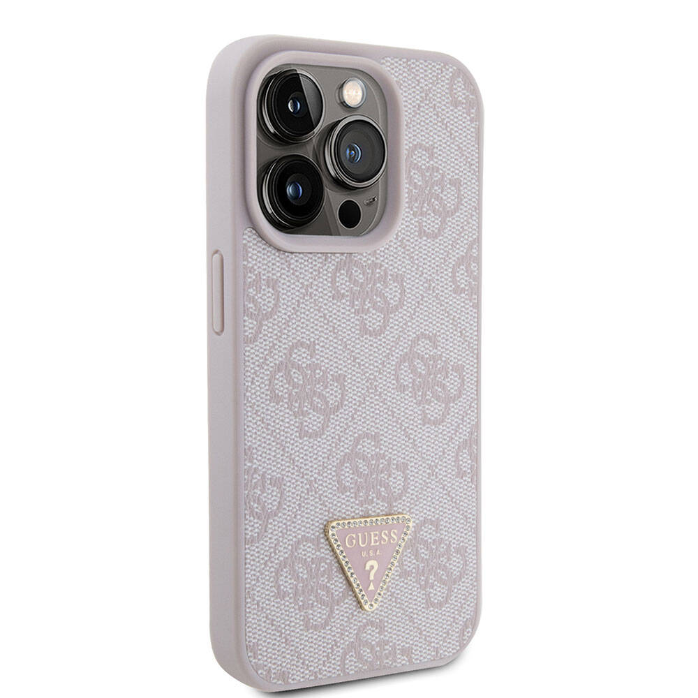 iPhone 15 Pro Kılıf Guess Orijinal Lisanslı PU Deri Taşlı Üçgen Logo 4G Desenli Strass Kılıf