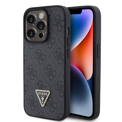 iPhone 15 Pro Kılıf Guess Orijinal Lisanslı PU Deri Taşlı Üçgen Logo 4G Desenli Strass Kılıf