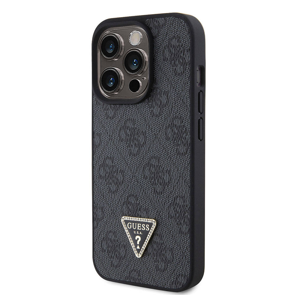iPhone 15 Pro Kılıf Guess Orijinal Lisanslı PU Deri Taşlı Üçgen Logo 4G Desenli Strass Kılıf