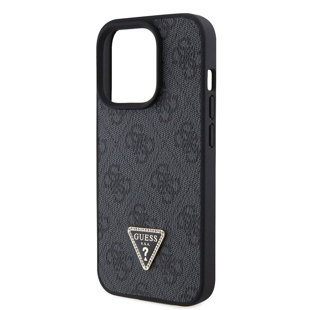 iPhone 15 Pro Kılıf Guess Orijinal Lisanslı PU Deri Taşlı Üçgen Logo 4G Desenli Strass Kılıf