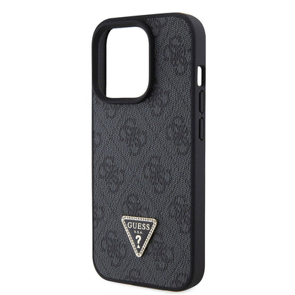 iPhone 15 Pro Kılıf Guess Orijinal Lisanslı PU Deri Taşlı Üçgen Logo 4G Desenli Strass Kılıf
