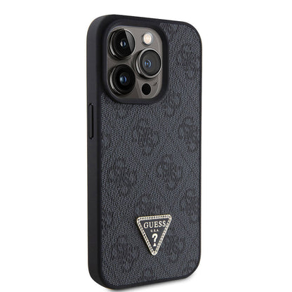 iPhone 15 Pro Kılıf Guess Orijinal Lisanslı PU Deri Taşlı Üçgen Logo 4G Desenli Strass Kılıf