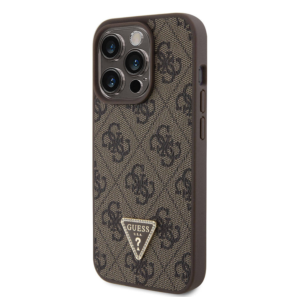 iPhone 15 Pro Kılıf Guess Orijinal Lisanslı PU Deri Taşlı Üçgen Logo 4G Desenli Strass Kılıf