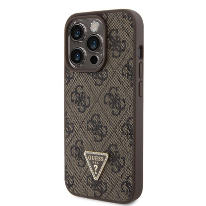 iPhone 15 Pro Kılıf Guess Orijinal Lisanslı PU Deri Taşlı Üçgen Logo 4G Desenli Strass Kılıf