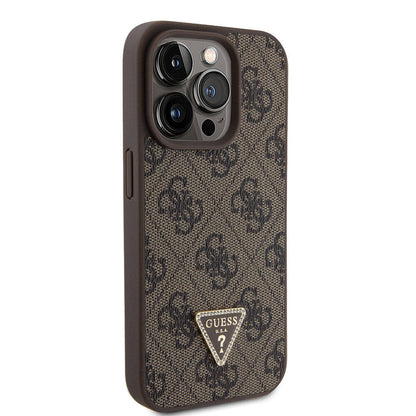 iPhone 15 Pro Kılıf Guess Orijinal Lisanslı PU Deri Taşlı Üçgen Logo 4G Desenli Strass Kılıf