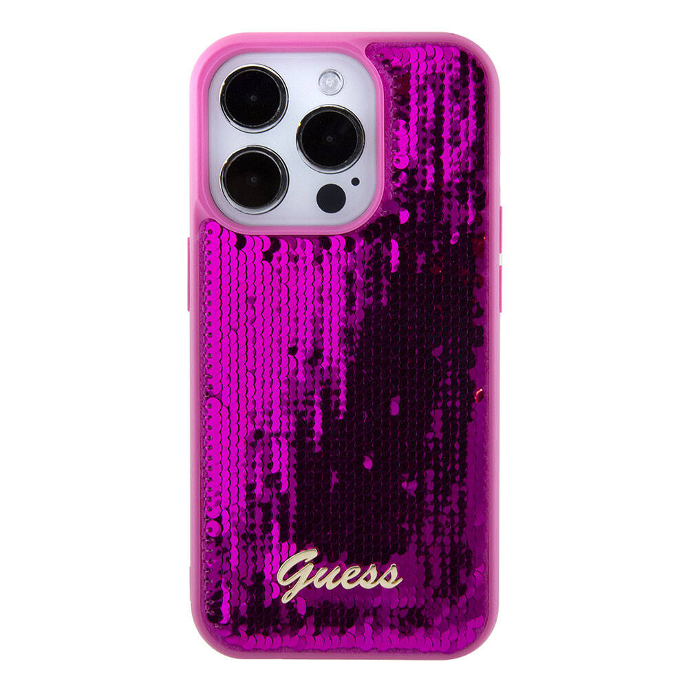 iPhone 15 Pro Kılıf Guess Orijinal Lisanslı Pullu Arka Yüzey Metal Yazı Logolu Sequin Script Kılıf