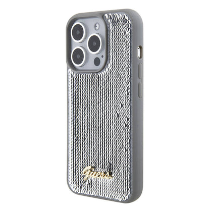 iPhone 15 Pro Kılıf Guess Orijinal Lisanslı Pullu Arka Yüzey Metal Yazı Logolu Sequin Script Kılıf