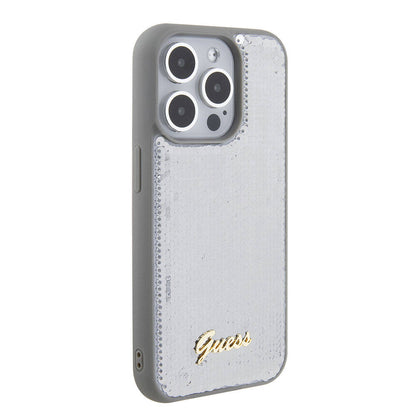 iPhone 15 Pro Kılıf Guess Orijinal Lisanslı Pullu Arka Yüzey Metal Yazı Logolu Sequin Script Kılıf