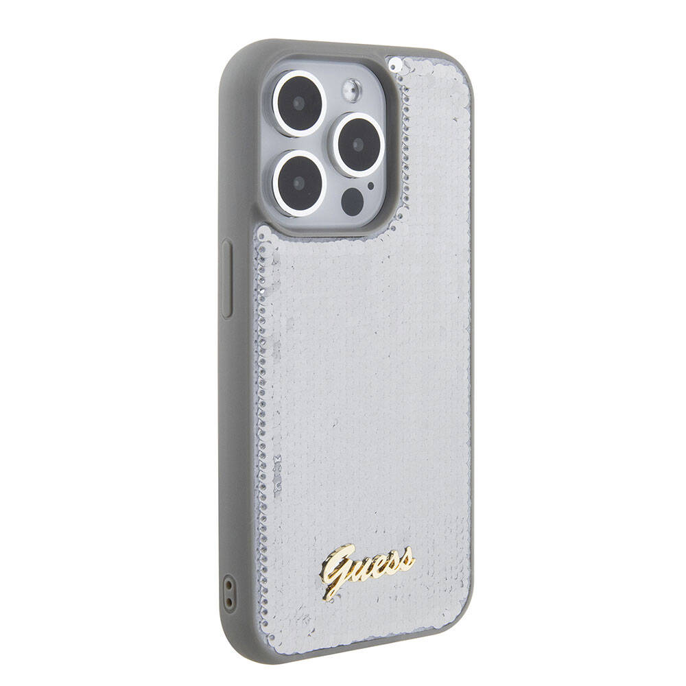 iPhone 15 Pro Kılıf Guess Orijinal Lisanslı Pullu Arka Yüzey Metal Yazı Logolu Sequin Script Kılıf