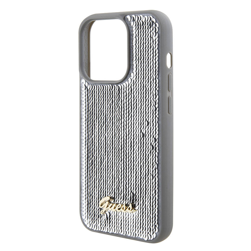 iPhone 15 Pro Kılıf Guess Orijinal Lisanslı Pullu Arka Yüzey Metal Yazı Logolu Sequin Script Kılıf