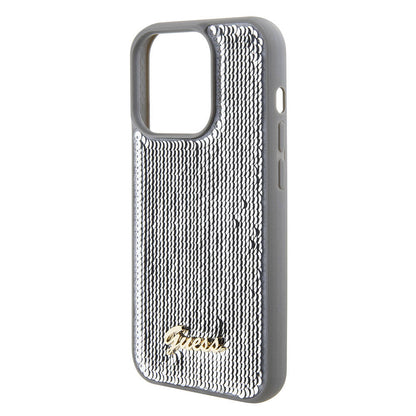 iPhone 15 Pro Kılıf Guess Orijinal Lisanslı Pullu Arka Yüzey Metal Yazı Logolu Sequin Script Kılıf