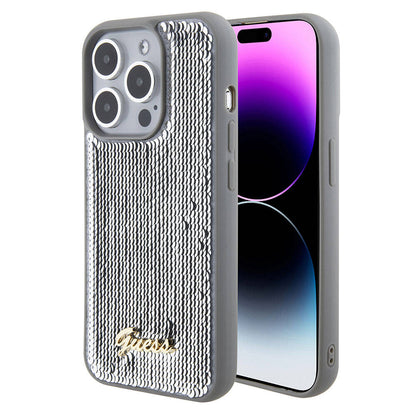 iPhone 15 Pro Kılıf Guess Orijinal Lisanslı Pullu Arka Yüzey Metal Yazı Logolu Sequin Script Kılıf