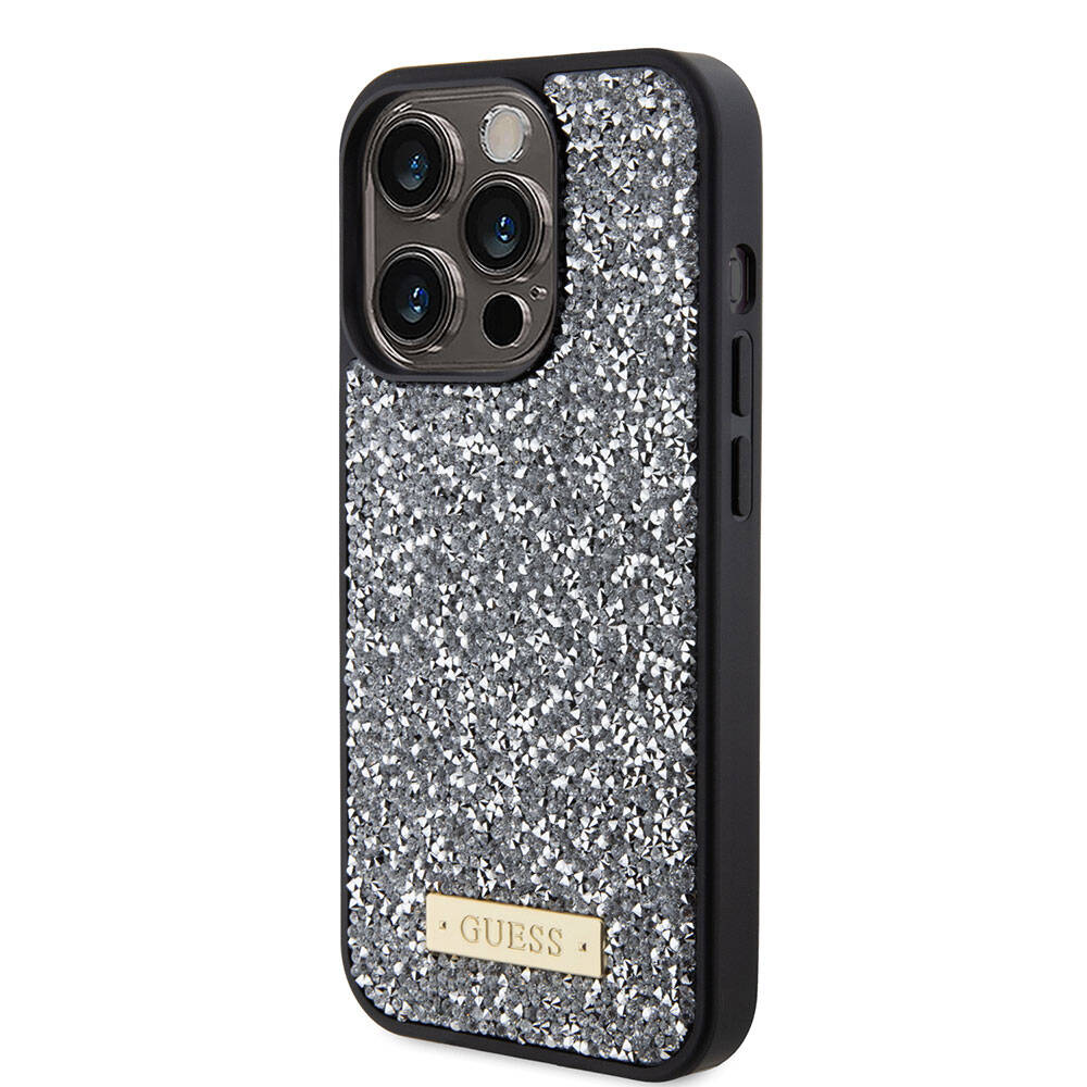 iPhone 15 Pro Kılıf Guess Orijinal Lisanslı Taşlı Arka Yüzey Metal Yazı Logolu Kılıf