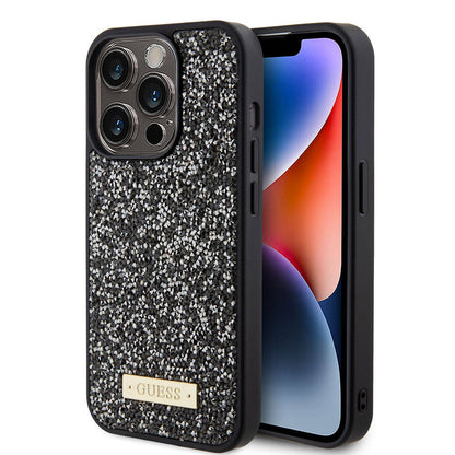 iPhone 15 Pro Kılıf Guess Orijinal Lisanslı Taşlı Arka Yüzey Metal Yazı Logolu Kılıf