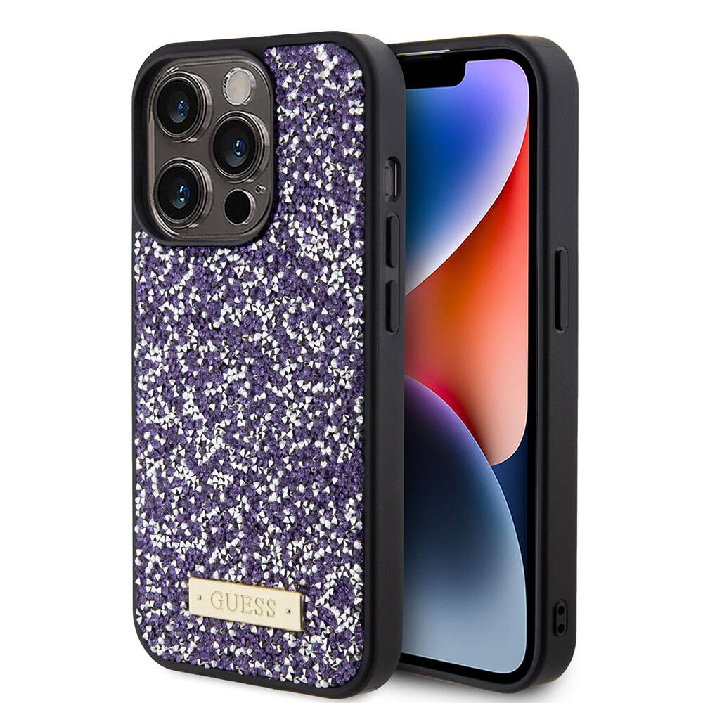 iPhone 15 Pro Kılıf Guess Orijinal Lisanslı Taşlı Arka Yüzey Metal Yazı Logolu Kılıf