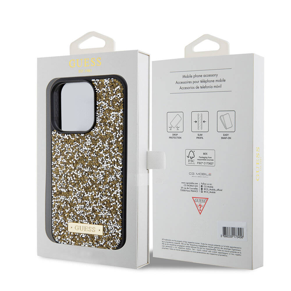 iPhone 15 Pro Kılıf Guess Orijinal Lisanslı Taşlı Arka Yüzey Metal Yazı Logolu Kılıf