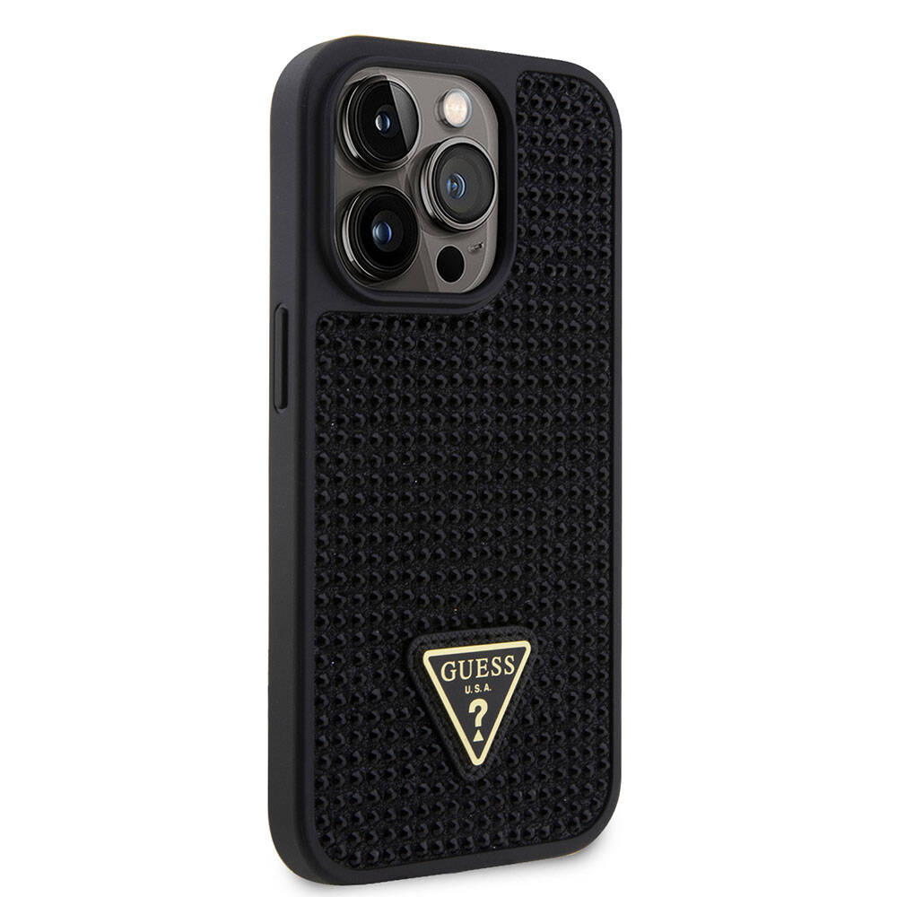 iPhone 15 Pro Kılıf Guess Orijinal Lisanslı Taşlı Arka Yüzey Üçgen Logolu Kılıf