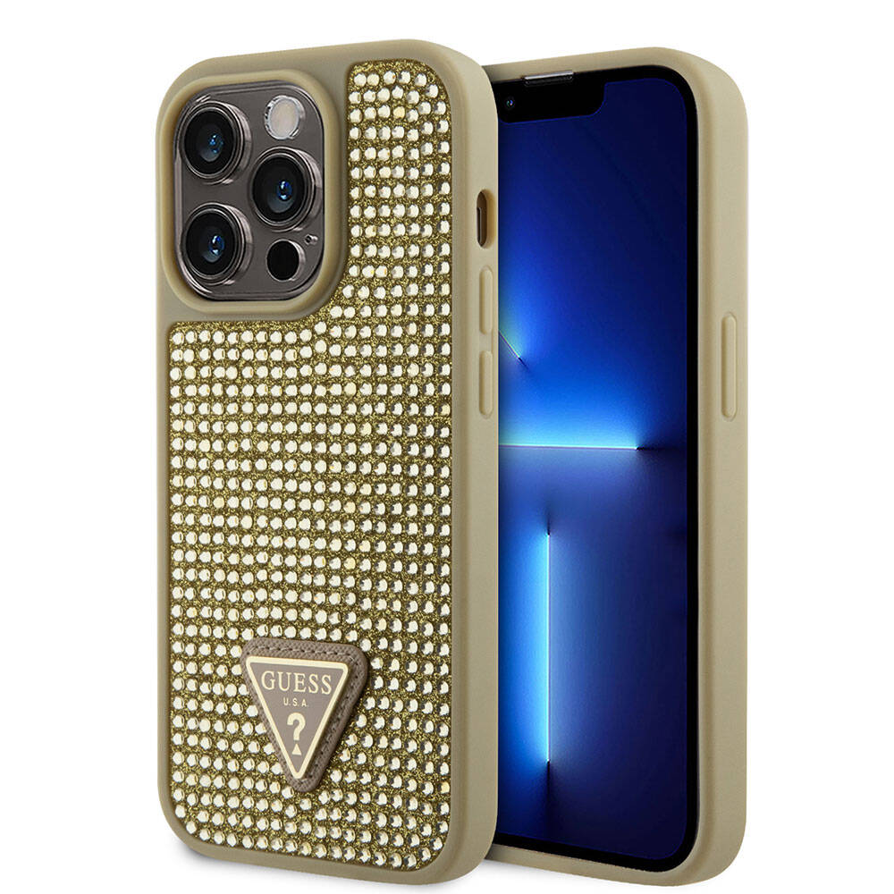 iPhone 15 Pro Kılıf Guess Orijinal Lisanslı Taşlı Arka Yüzey Üçgen Logolu Kılıf