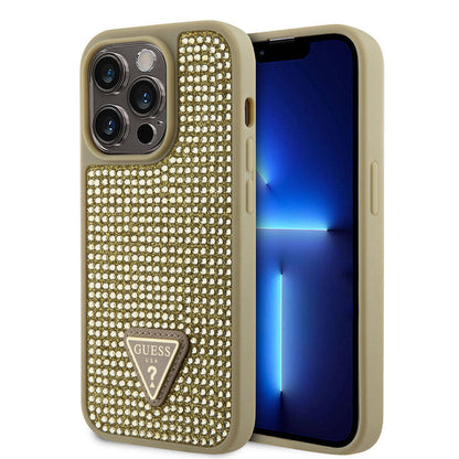iPhone 15 Pro Kılıf Guess Orijinal Lisanslı Taşlı Arka Yüzey Üçgen Logolu Kılıf