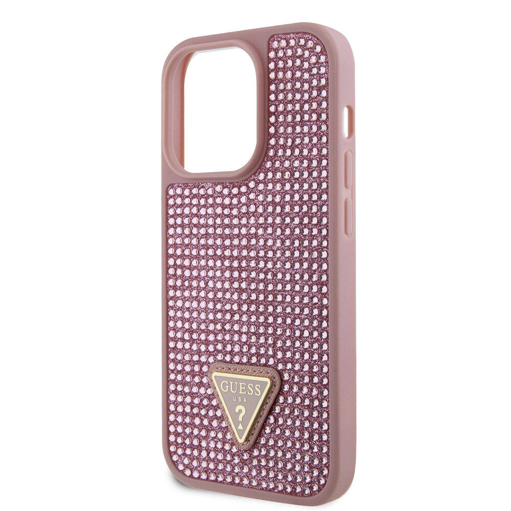 iPhone 15 Pro Kılıf Guess Orijinal Lisanslı Taşlı Arka Yüzey Üçgen Logolu Kılıf