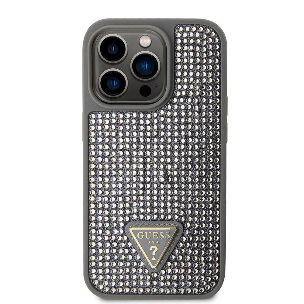 iPhone 15 Pro Kılıf Guess Orijinal Lisanslı Taşlı Arka Yüzey Üçgen Logolu Kılıf