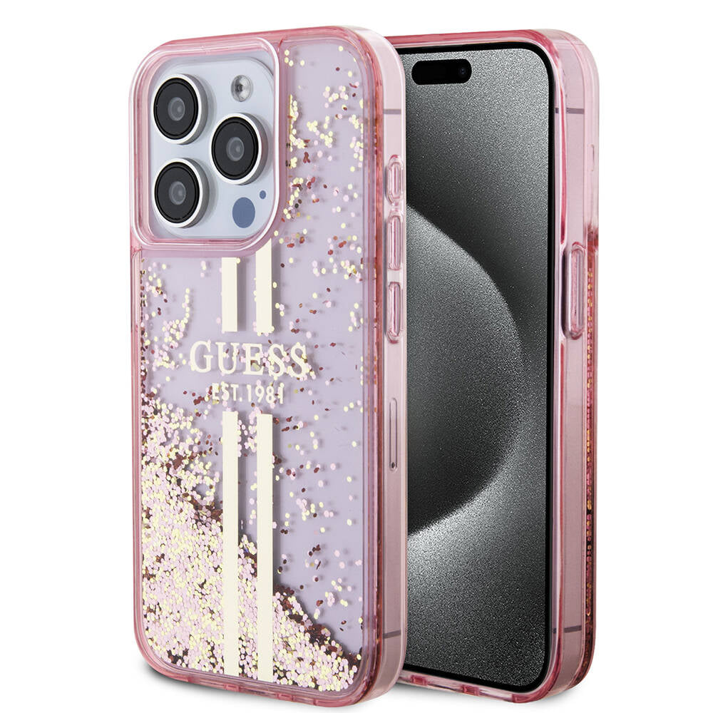 iPhone 15 Pro Kılıf Guess Orijinal Lisanslı Transparan Sıvılı Simli Altın Çizgili Kılıf