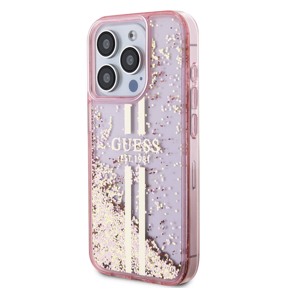 iPhone 15 Pro Kılıf Guess Orijinal Lisanslı Transparan Sıvılı Simli Altın Çizgili Kılıf